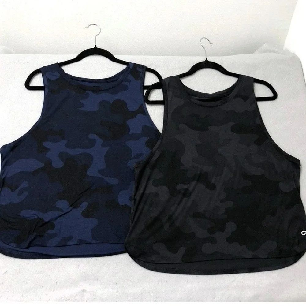 Gap GapFit Muscle Tank Tops Womens L Tall Blue Black Camo 2-Pack Activewear